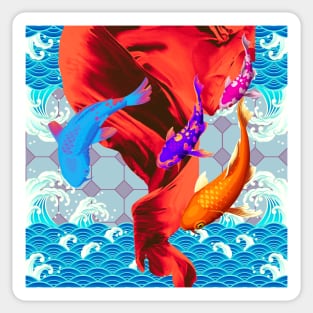 Purple Blue and Orange Koi Fish with a Deep Red Swirl Ocean- Happy Hong Kong Sticker